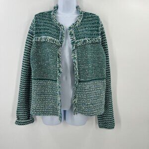 Chico's Cardigan 1 Medium 8/10 Green‎ Tweed Knit Jacket Fringe Trim Cotton Blend